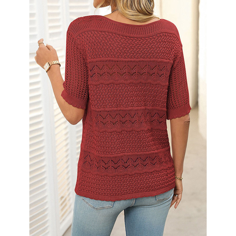 Women's Short Sleeve Sweater Tops Casual Crew Neck Crochet Knit Trendy Hollow Out Blouse T Shirts