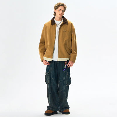 Contrast Color Washed Polo Collar Jacket Men