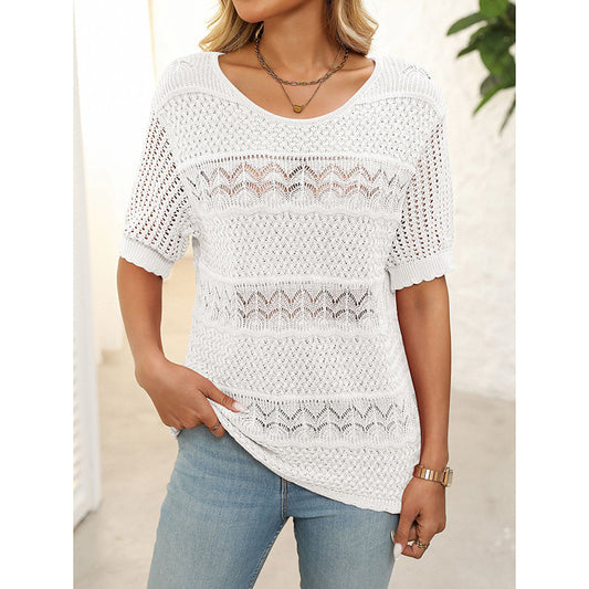 Women's Short Sleeve Sweater Tops Casual Crew Neck Crochet Knit Trendy Hollow Out Blouse T Shirts