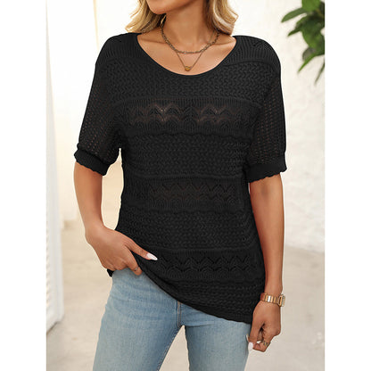 Women's Short Sleeve Sweater Tops Casual Crew Neck Crochet Knit Trendy Hollow Out Blouse T Shirts