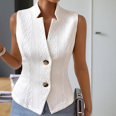 Women's Elegant Solid Color Stand Collar Sleeveless Vest - Ribbed & Button Detail Summer Casual Outerwear
