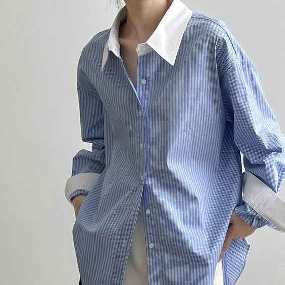 New Blue And White Striped Contrast Color Shirt For Women