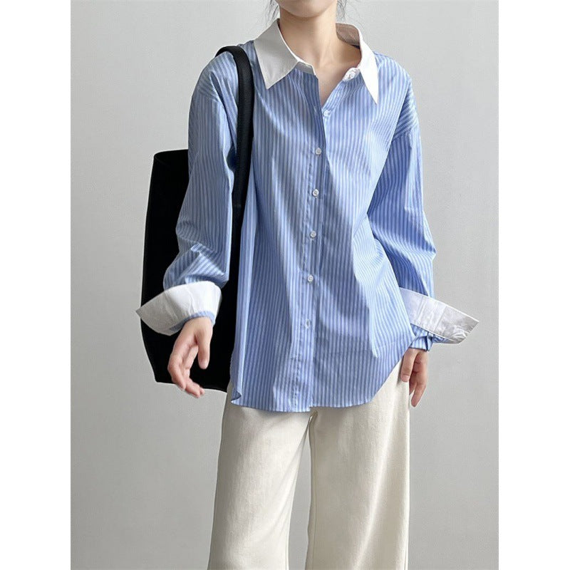 New Blue And White Striped Contrast Color Shirt For Women