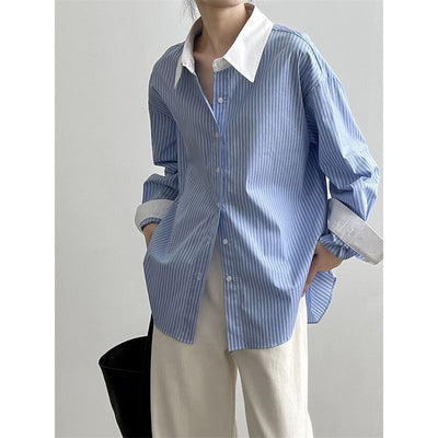 New Blue And White Striped Contrast Color Shirt For Women