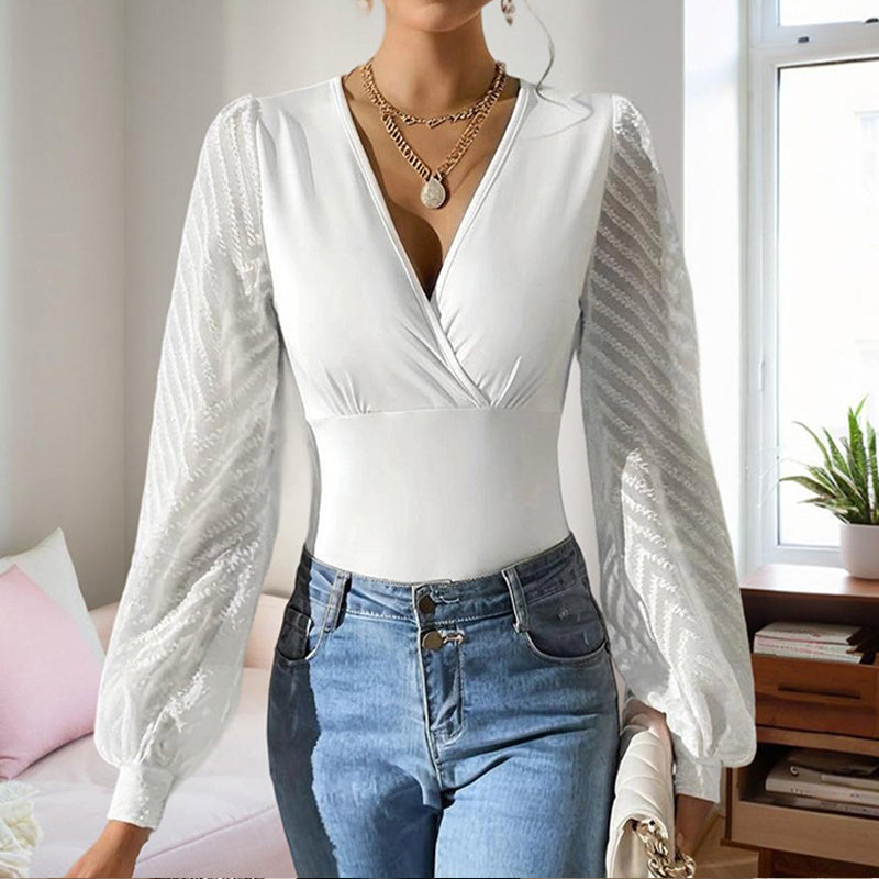 Women's Criss-Cross Deep V-Neck Chiffon Long Sleeve Top - Elegant Blouse With Semi-transparent Sleeve For Spring&Fall