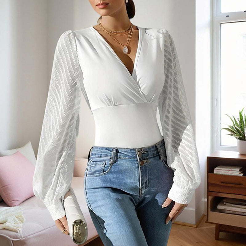 Women's Criss-Cross Deep V-Neck Chiffon Long Sleeve Top - Elegant Blouse With Semi-transparent Sleeve For Spring&Fall