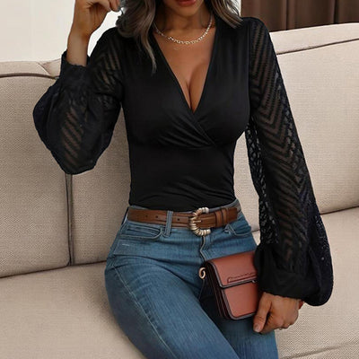 Women's Criss-Cross Deep V-Neck Chiffon Long Sleeve Top - Elegant Blouse With Semi-transparent Sleeve For Spring&Fall