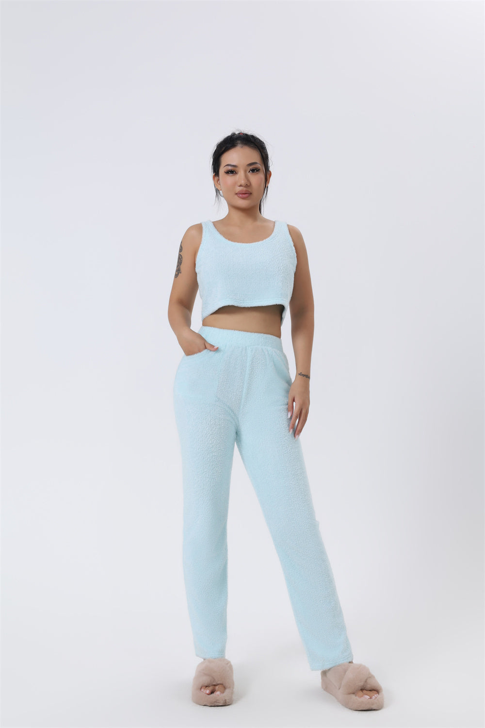 Fluffy Loungewear Set - Complete 3-Piece Comfort in Soft Knit Fabric