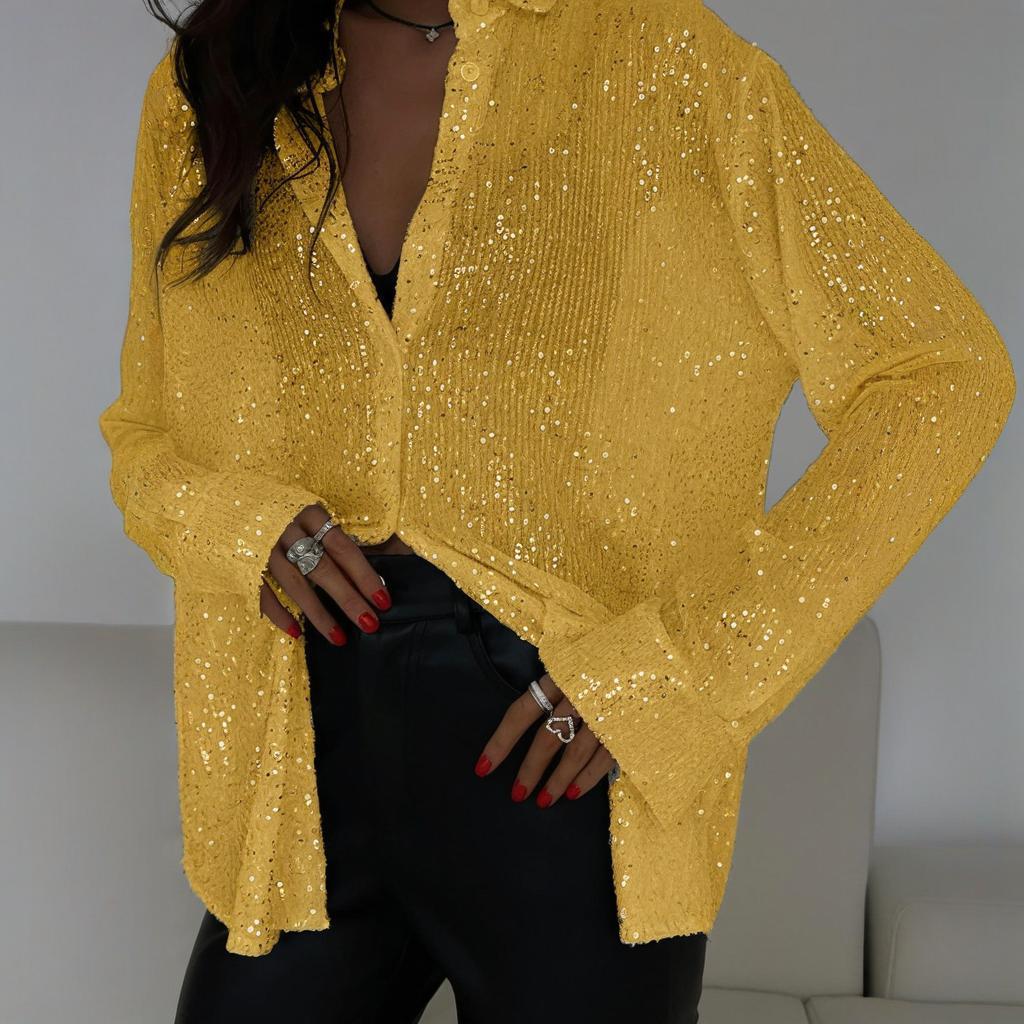 Elegant Women's Sequin Shirt - Stylish Long Sleeve Button-Up Blouse With Glitter Details, Perfect For Party & Casual To Formal Wear