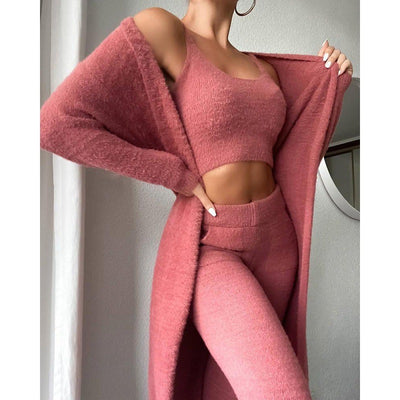 Fluffy Loungewear Set - Complete 3-Piece Comfort in Soft Knit Fabric
