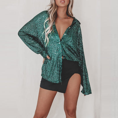 Elegant Women's Sequin Shirt - Stylish Long Sleeve Button-Up Blouse With Glitter Details, Perfect For Party & Casual To Formal Wear