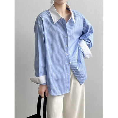New Blue And White Striped Contrast Color Shirt For Women