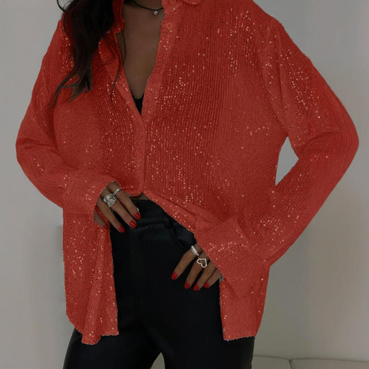 Elegant Women's Sequin Shirt - Stylish Long Sleeve Button-Up Blouse With Glitter Details, Perfect For Party & Casual To Formal Wear